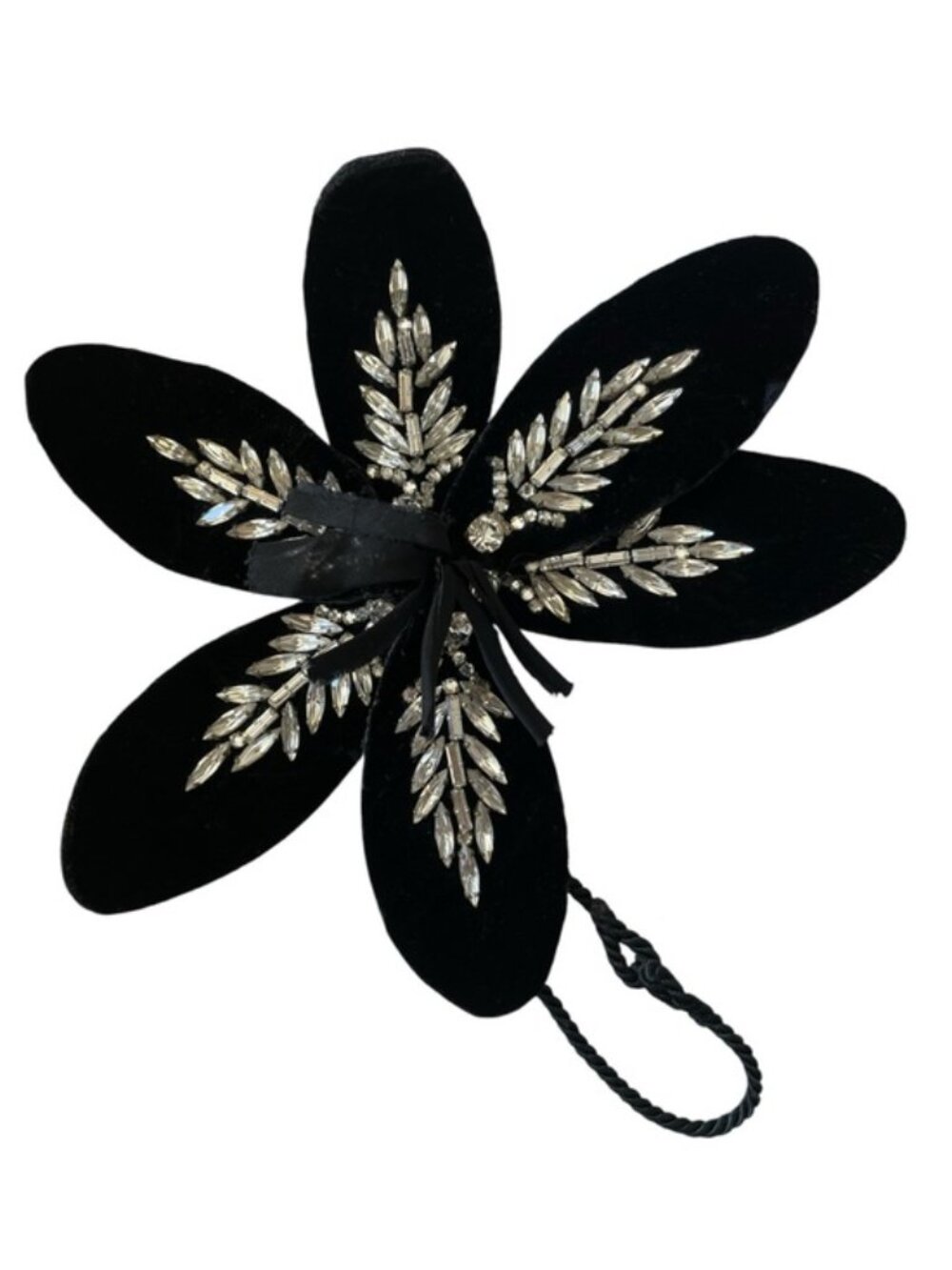 Vintage Black Velvet Rhinestone Flower Clip Brooch Ornament Gothic Glam